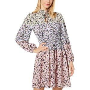NEW Vince Camuto Floral Colorblock Smocked Waist Long Sleeve Dress Size 18